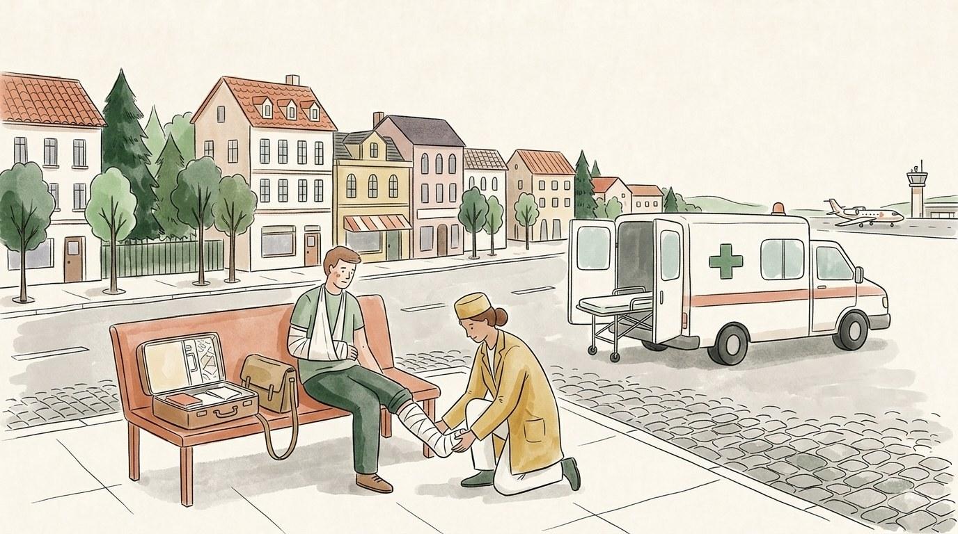 Ambulance et équipe médicale devant l'entrée d'un hôpital à l'étranger