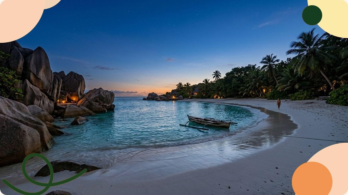 Plage tropicale avec rochers granitiques massifs, sable blanc et eau turquoise cristalline sous ciel dégagé