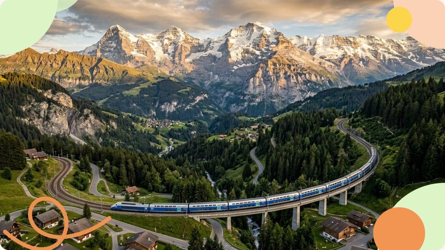 Viaggiatore che osserva un paesaggio alpino scorrere dal finestrino di un treno panoramico in Europa