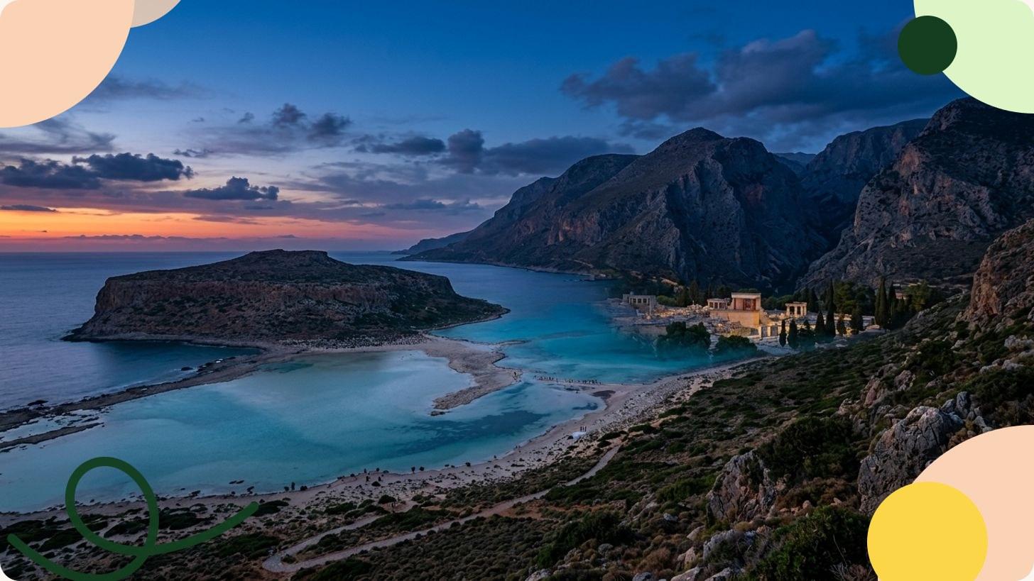Laguna di Balos a Creta con acque turchesi e sabbia bianca, vista dall'alto della penisola di Gramvoussa
