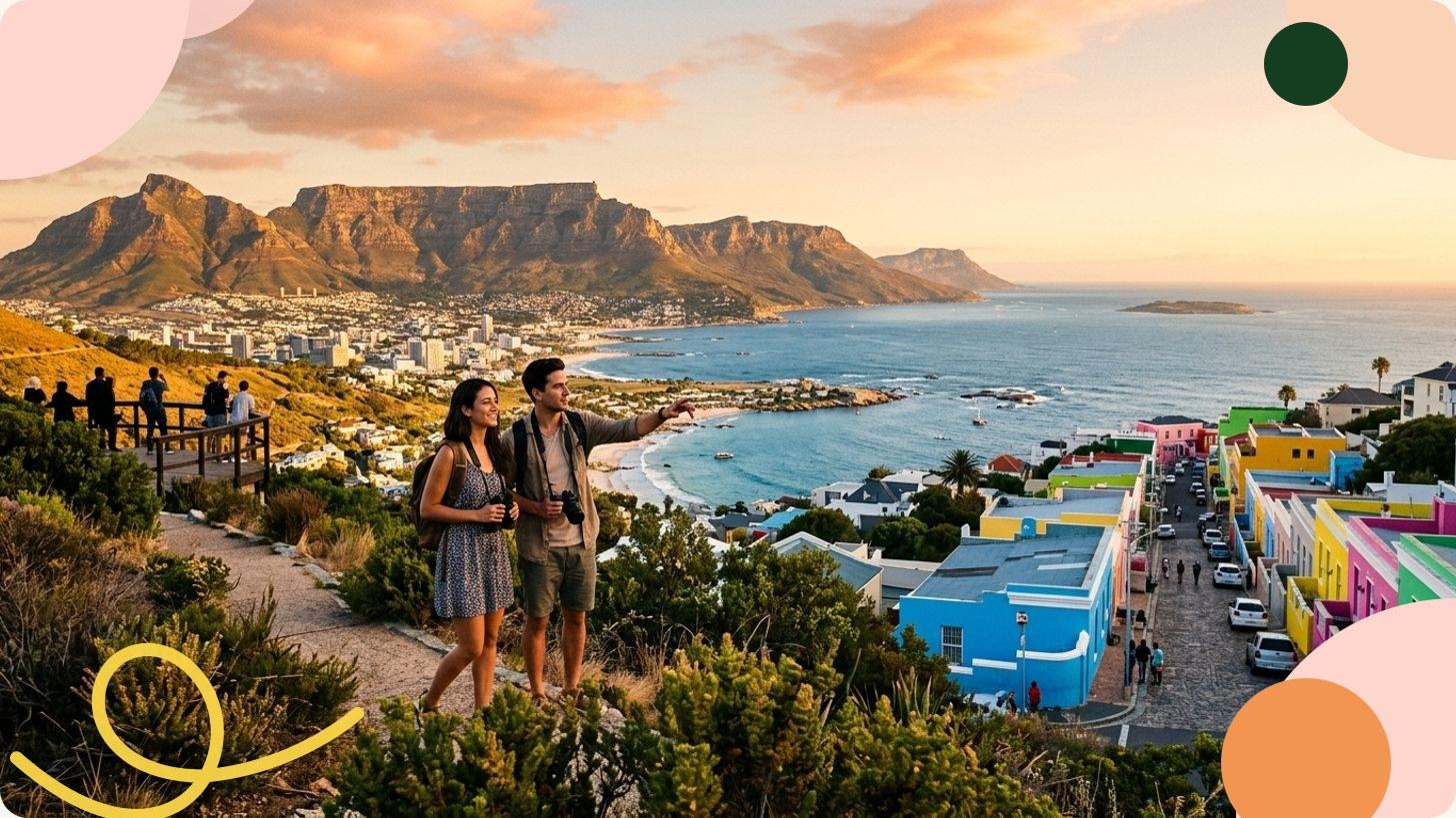 Vista della baia di Cape Town con la Table Mountain che domina la città e l'oceano Atlantico