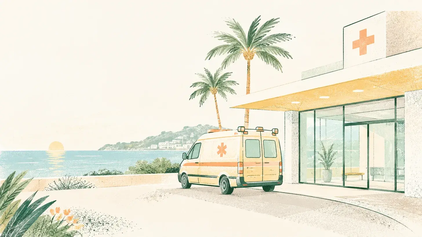 Une ambulance blanche devant un centre médical côtier entouré de palmiers et d’une vue sur la mer