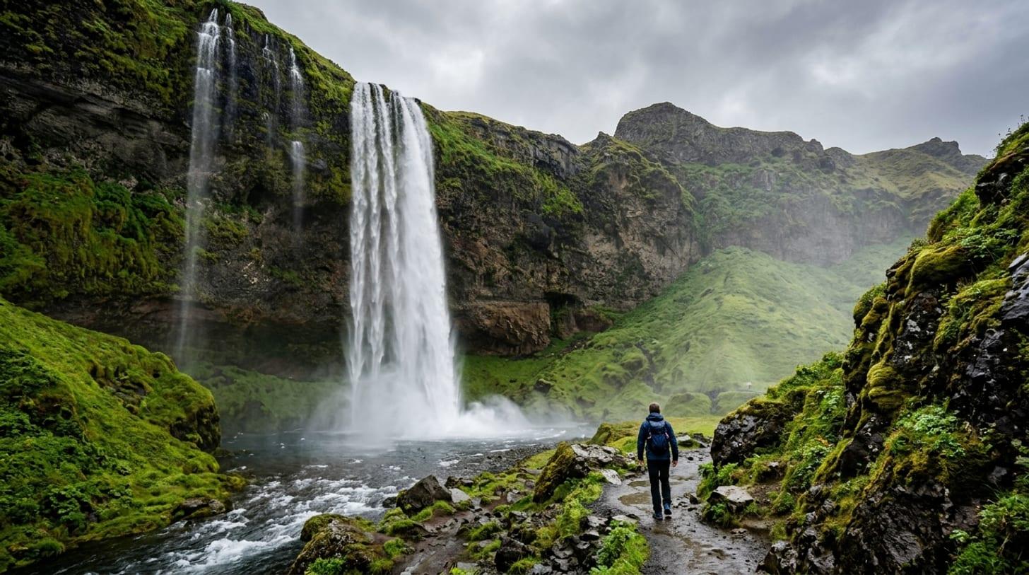 Cascade islandaise entourée de mousse verte, un randonneur minuscule donne l’échelle sur le sentier