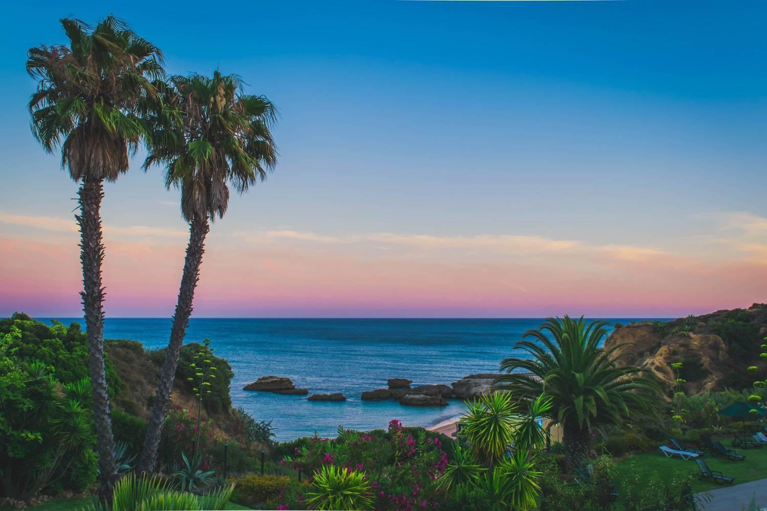 Mediterrane Küstenansicht mit Palmen, Felsen und einem Strand im Sonnenuntergang, tropische Vegetation im Vordergrund