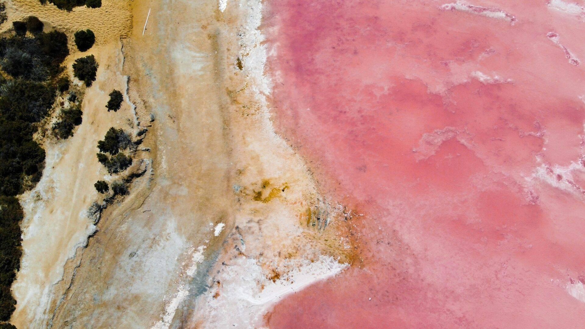 Vue aérienne d’un bassin géothermique aux eaux roses bordé de minéraux blanc et jaune ocre