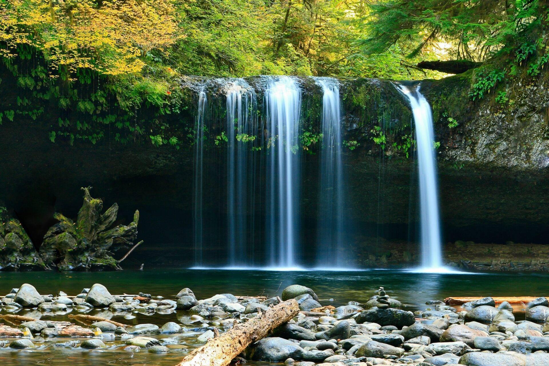 Una cascada espectacular con múltiples velos de agua brotando de un acantilado cubierto de exuberante vegetación