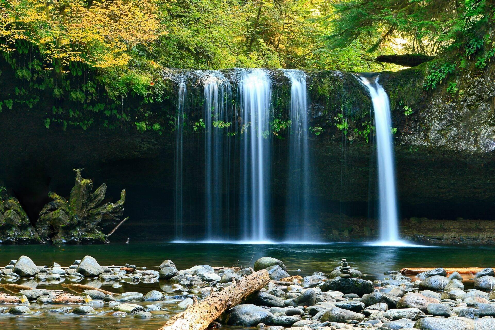 Ein spektakulärer Wasserfall stürzt über eine Felswand, umgeben von üppiger Vegetation und dichtem tropischem Dschungel