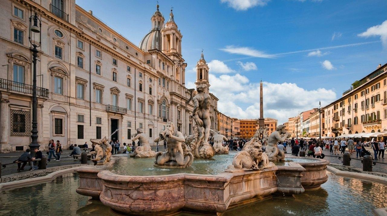 An ornate baroque fountain at the centre of a historic Italian piazza, surrounded by architectural buildings and visitors