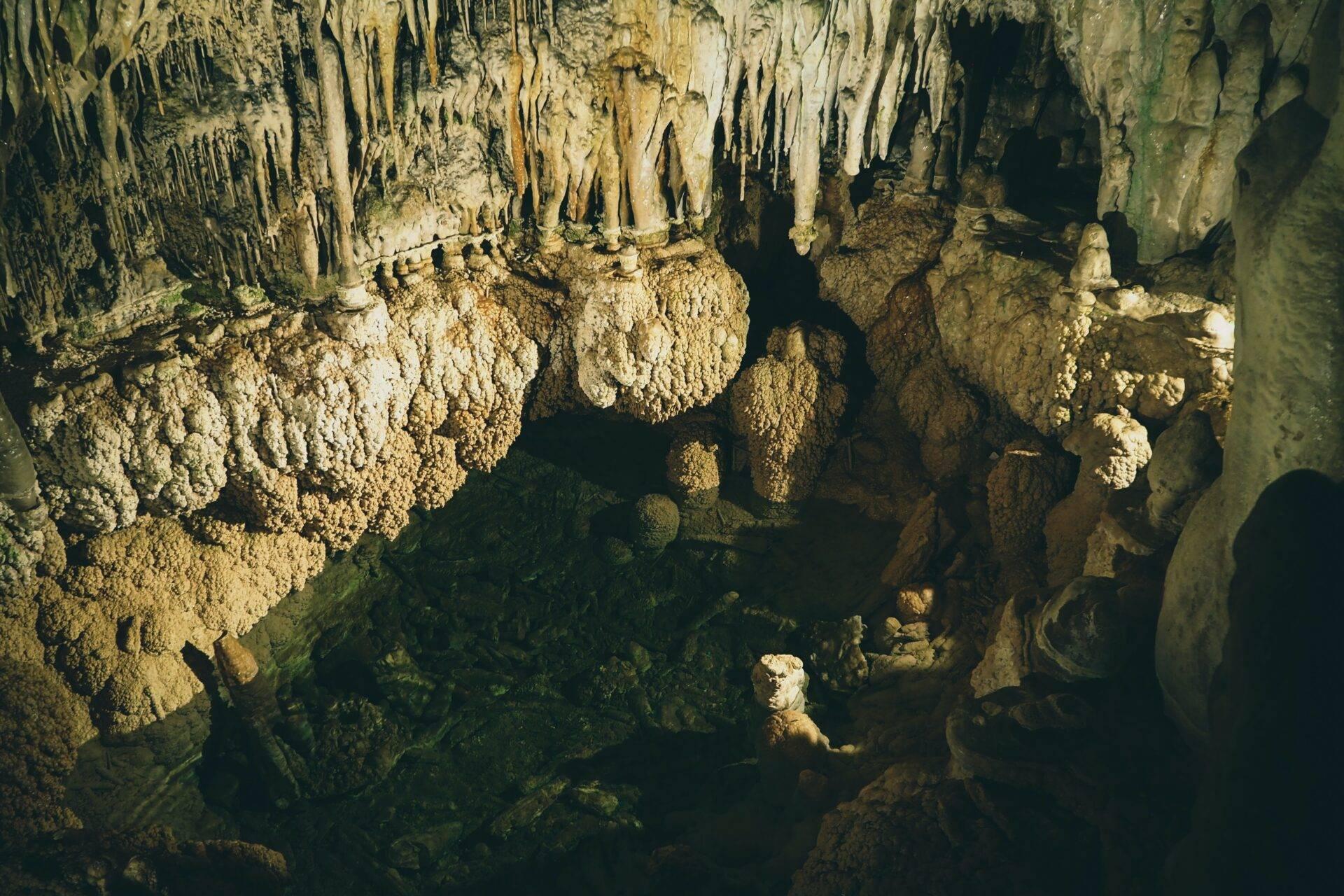 Grotta sotterranea con stalagmiti e stalattiti calcaree, pareti rocciose illuminate che rivelano spettacolari formazioni geologiche