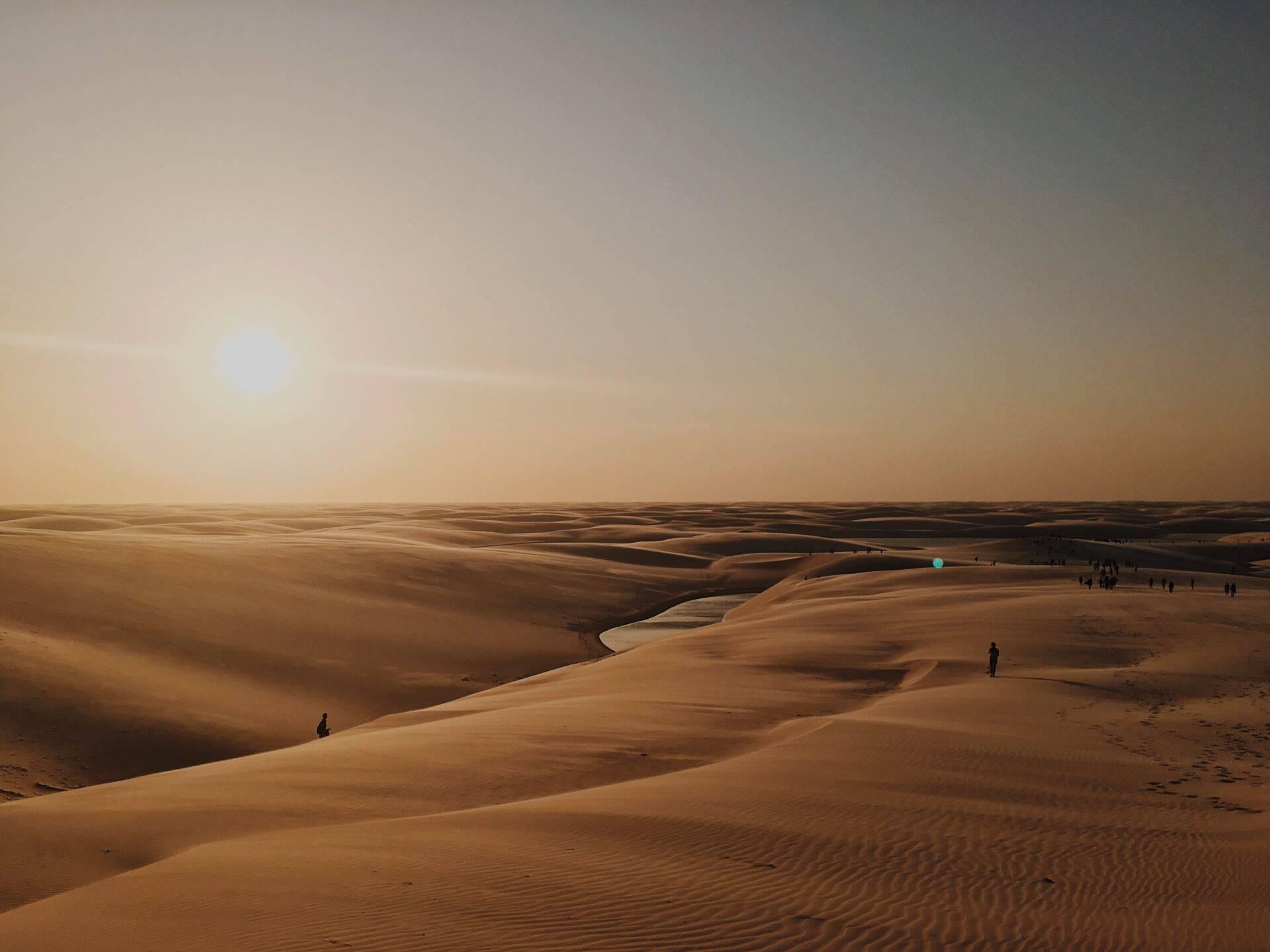 Weitläufige Dünenlandschaft mit goldenem Sand und vereinzelten Reisenden, die das karge Terrain unter dunstiger Luft erkunden