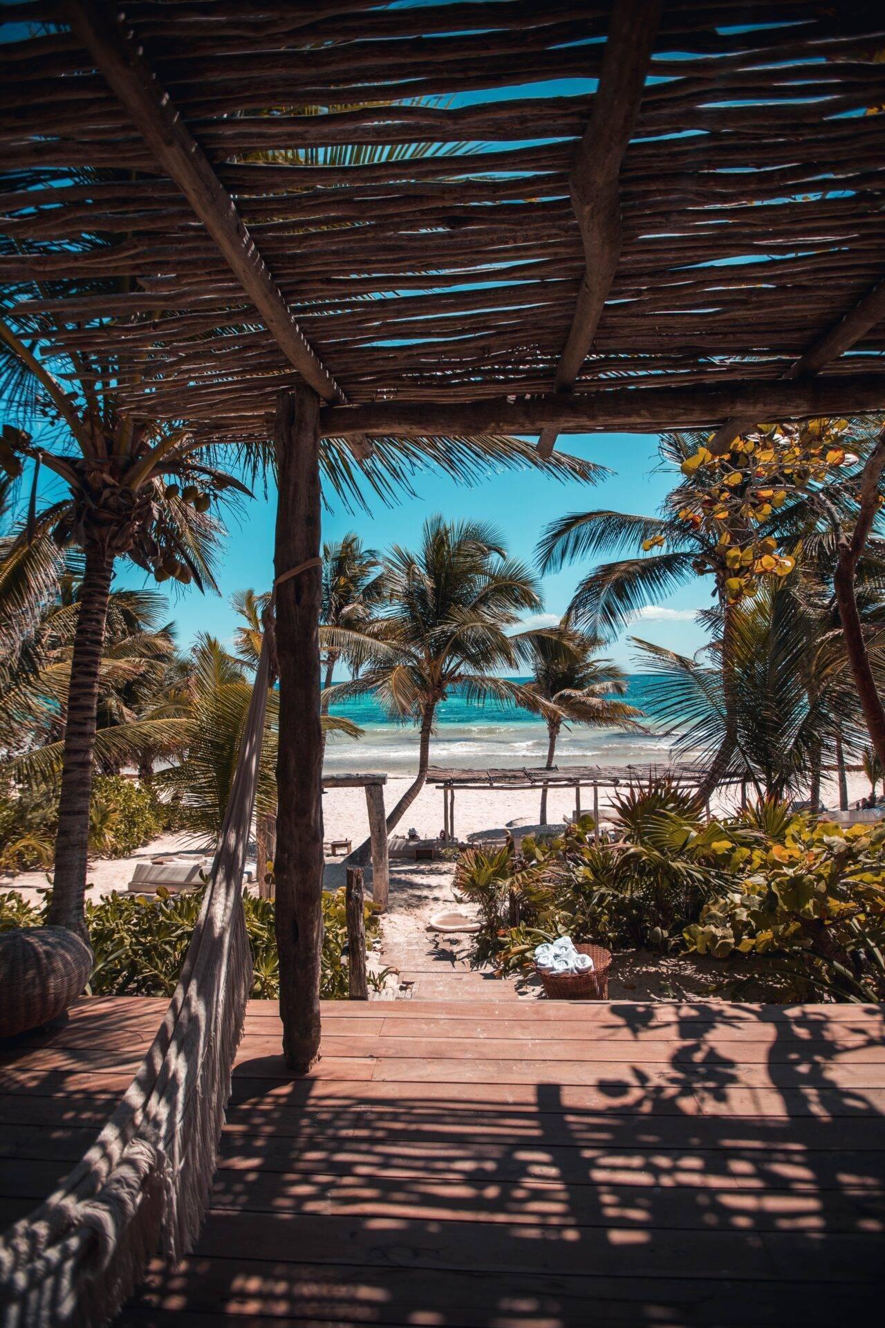 Vista da una terrazza in legno coperta su una spiaggia tropicale con palme e oceano turchese