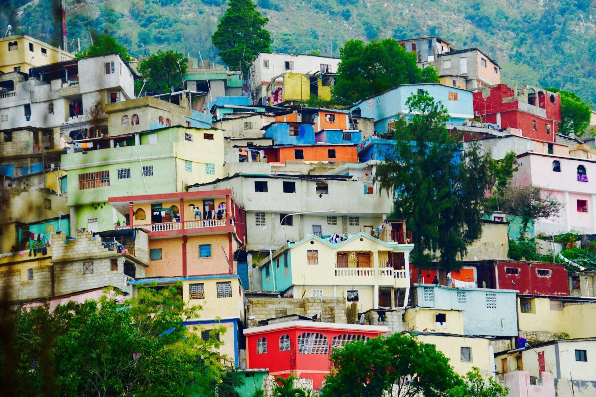 Maisons colorées empilées sur une pente verdoyante avec montagnes boisées en arrière-plan