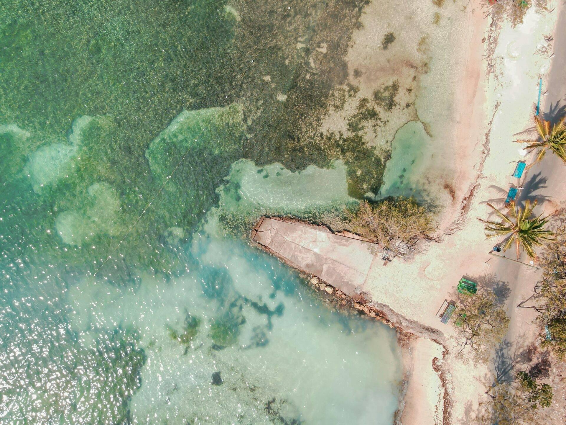 Vista aerea di una spiaggia tropicale con acqua turchese, barca da pesca rossa, palme e vegetazione costiera