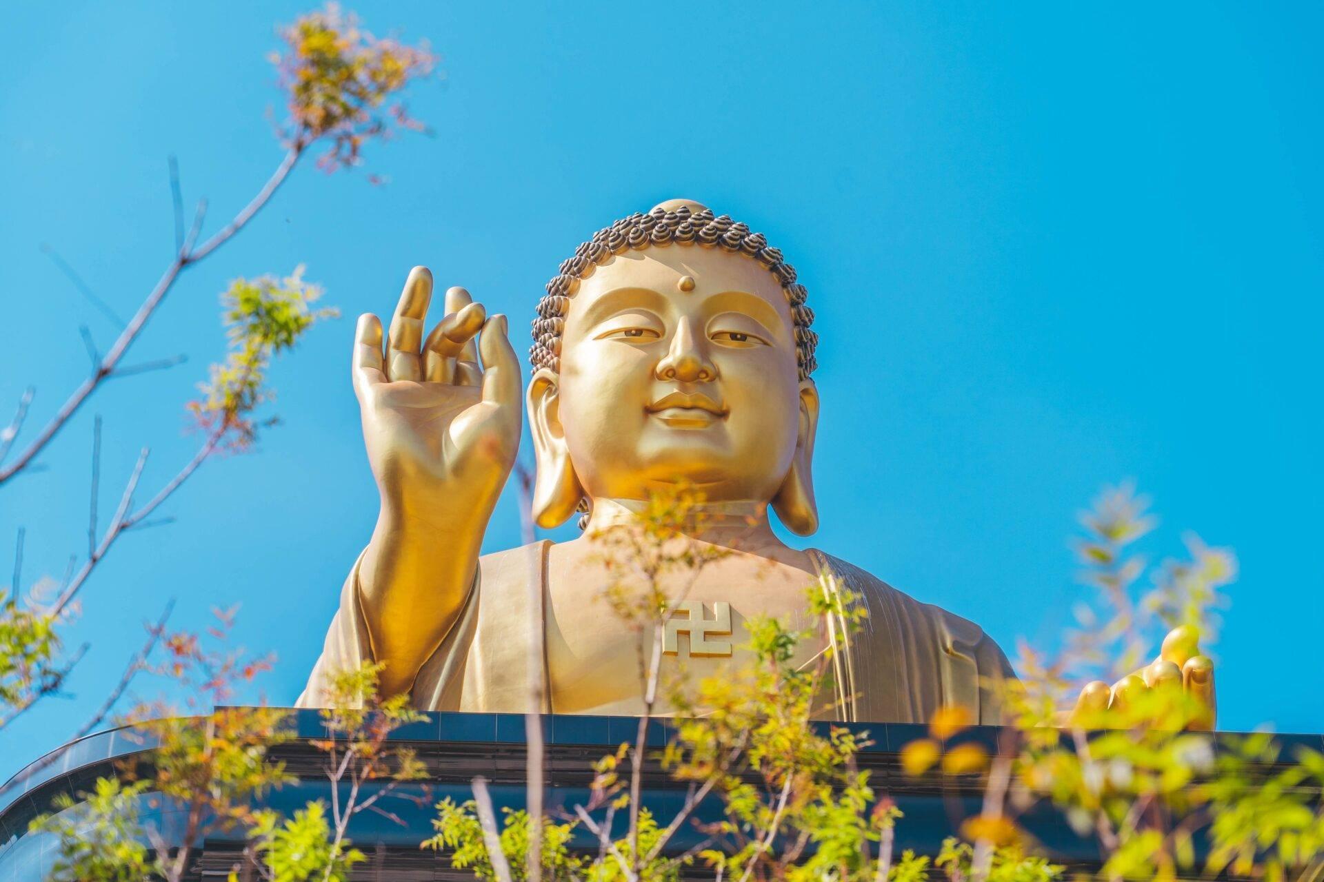 Una statua dorata del Buddha monumentale sotto un cielo azzurro sereno, circondata da fiori e vegetazione