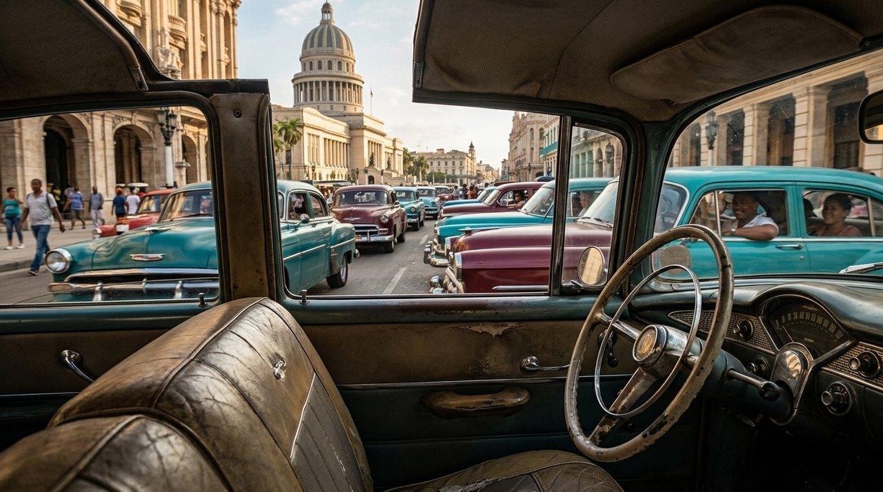 Vista dall’interno di un’auto americana d’epoca in una strada cubana con il Campidoglio sullo sfondo