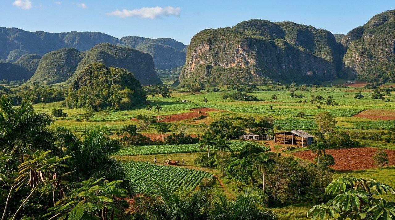 Valle fertile circondata da mogotes boscosi con coltivazioni di tabacco, fattorie tradizionali e vegetazione tropicale rigogliosa