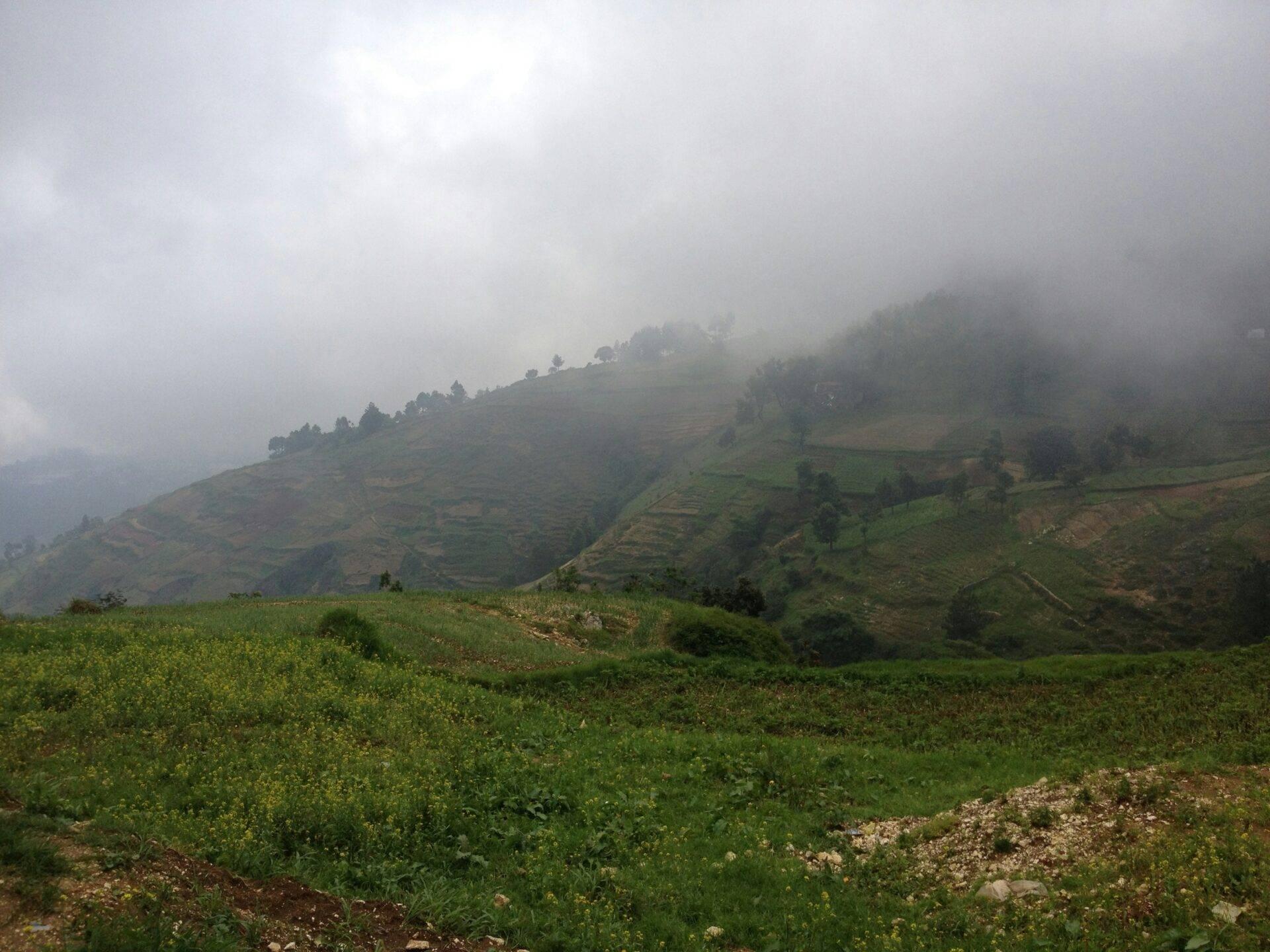 Paisaje montañoso brumoso con terrazas agrícolas verdes y niebla densa envolviendo las colinas