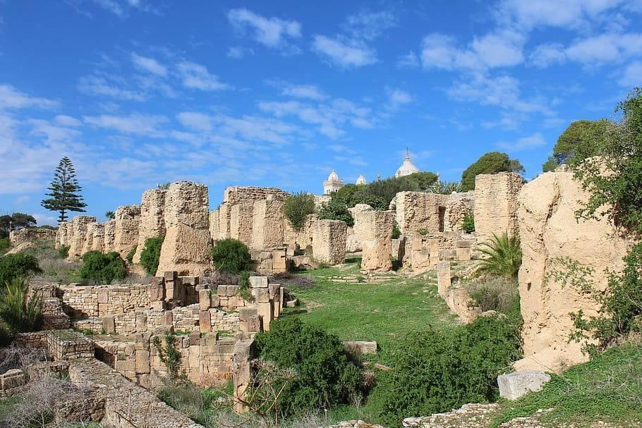 Ruinas antiguas de piedra con columnas y muros derrumbados en un paisaje verde bajo un cielo azul