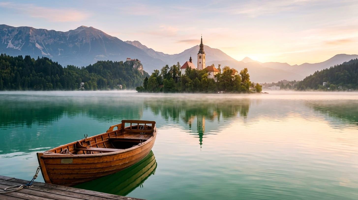 Lago di Bled all’alba, barca di legno in primo piano, isolotto con la chiesa nella nebbia, Alpi Giulie