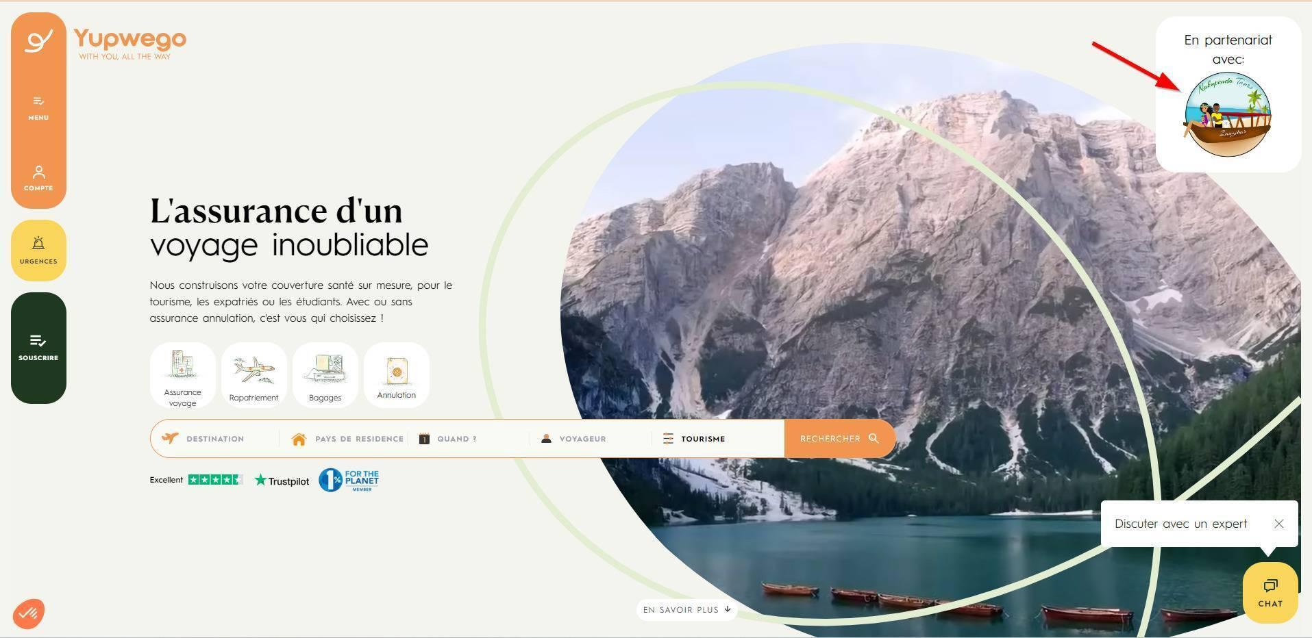 Interface partenaire Yupwego : logo de l’agence de voyage avec la mention “En partenariat avec” affiché sur le site