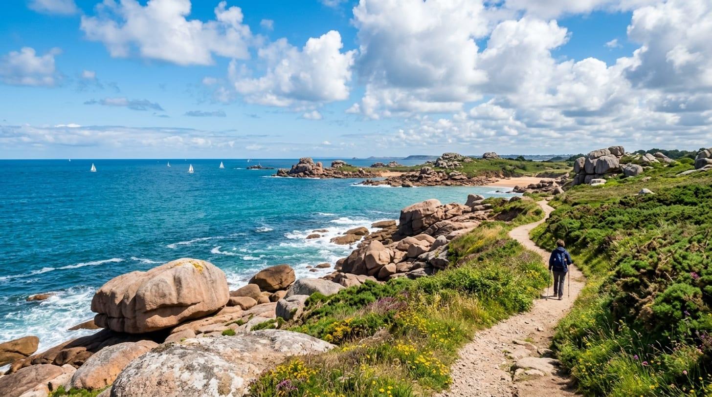 Sentier côtier de la côte de granit rose en Bretagne, rochers roses, lande fleurie et mer turquoise