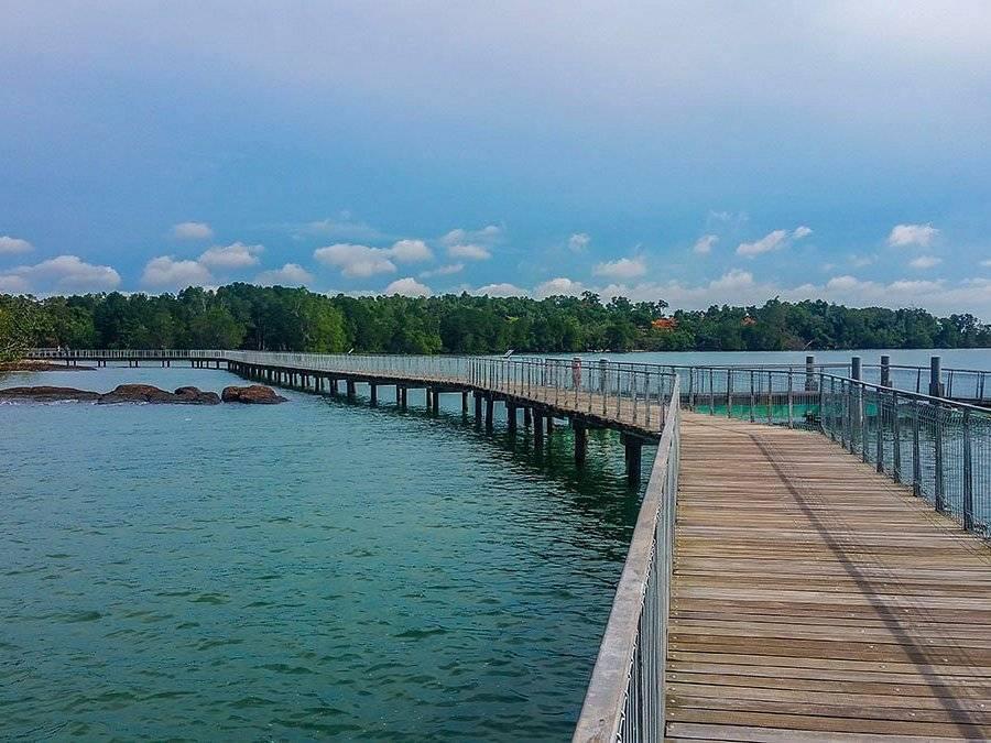 Ein langer Holzsteg mit Metallgeländer über türkisfarbenem Wasser, gesäumt von üppigem Grün