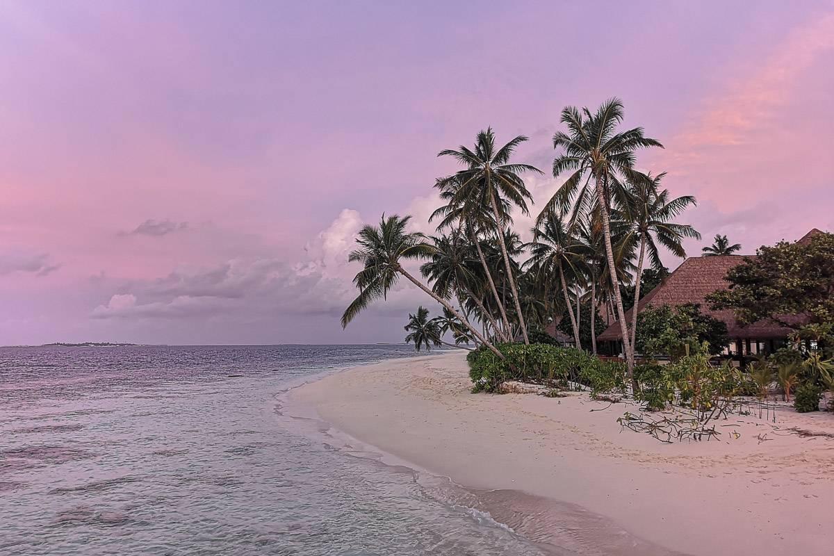 Spiaggia tropicale con palme, laguna turchese e bungalow al tramonto rosa