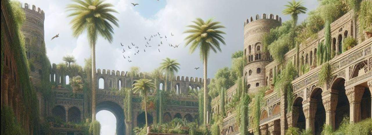 Illustrazione artistica di rovine antiche con torri merlate, vegetazione lussureggiante e palme sotto un cielo sereno