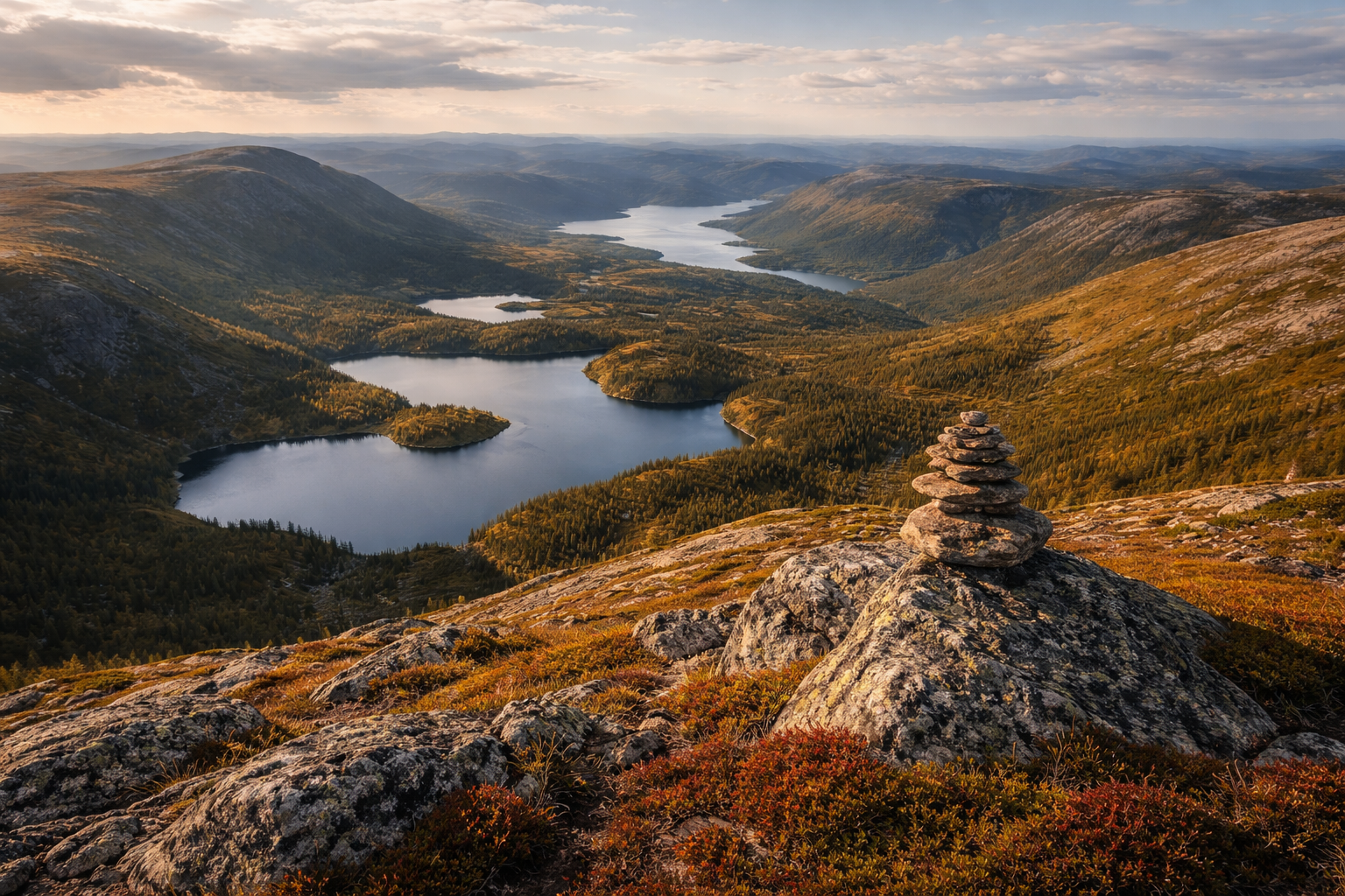 Panoramablick auf eine Gebirgslandschaft mit Seen, borealen Wäldern und einem Steinmal im Vordergrund