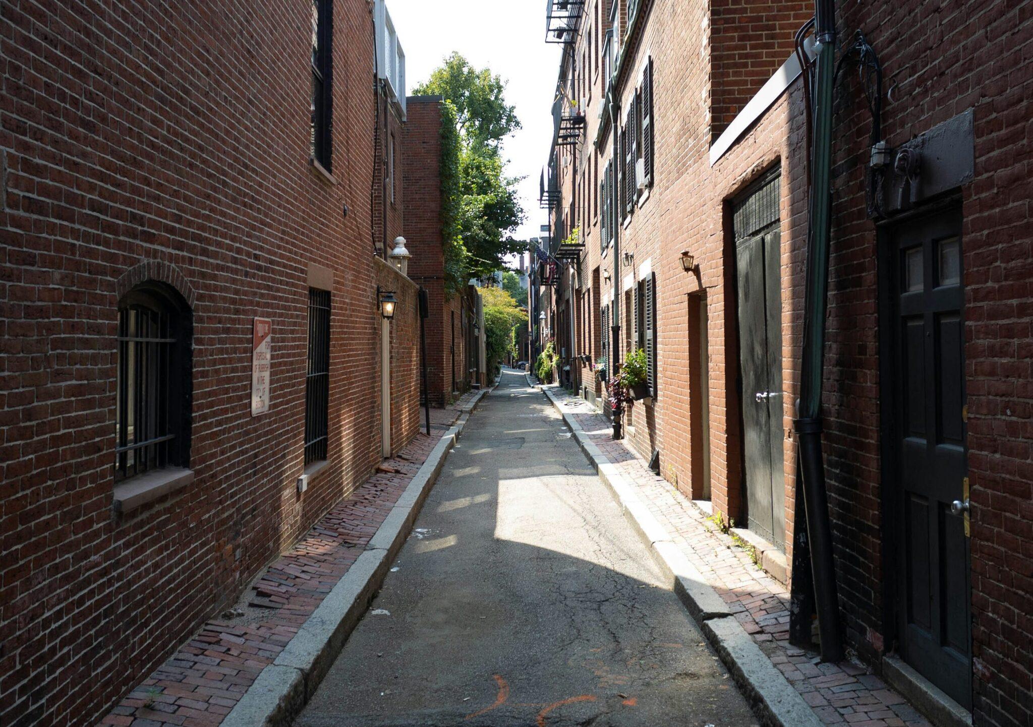 A historic cobblestone lane flanked by red-brick buildings with green doors