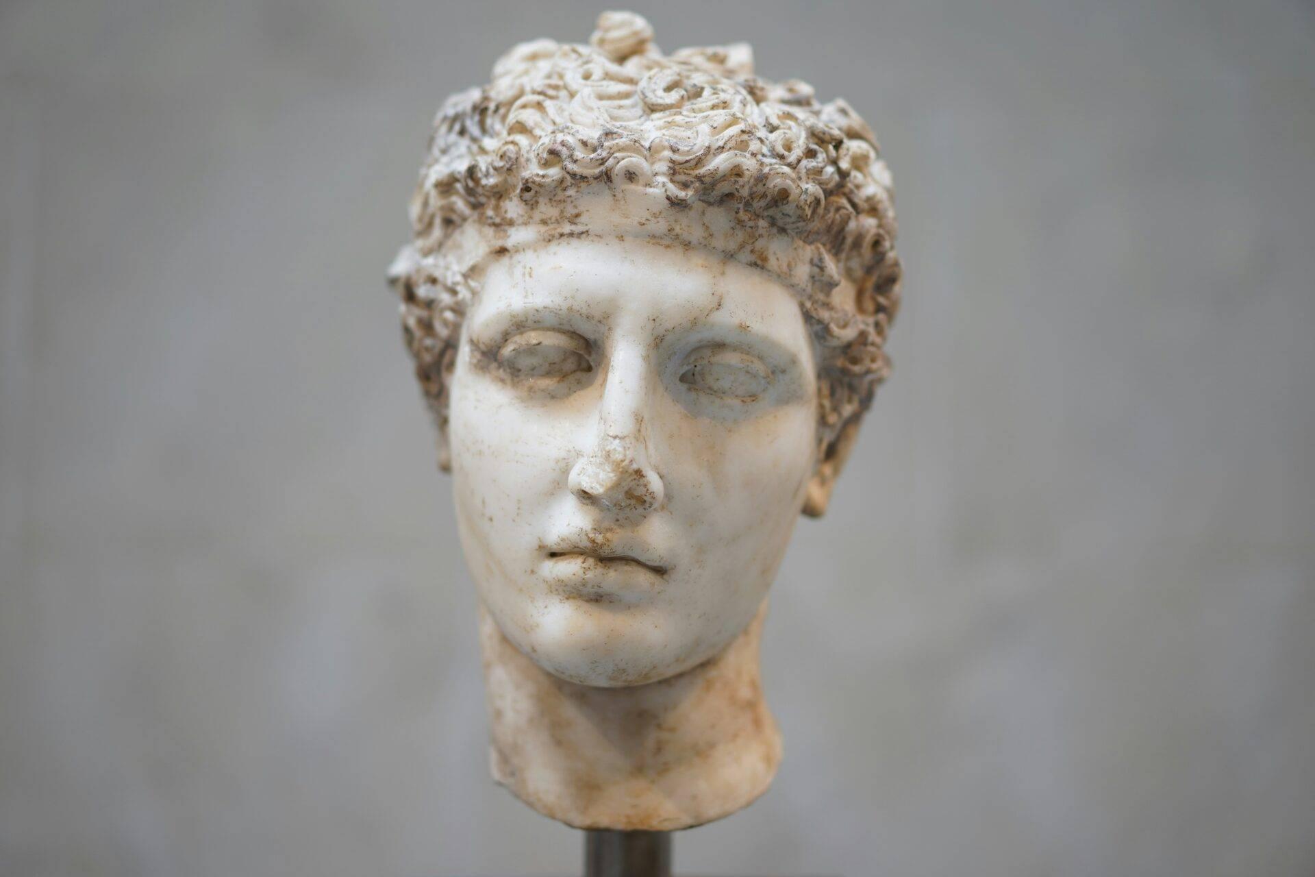 Busto in marmo bianco di una figura antica dai capelli ricci, esposto su fondo grigio neutro