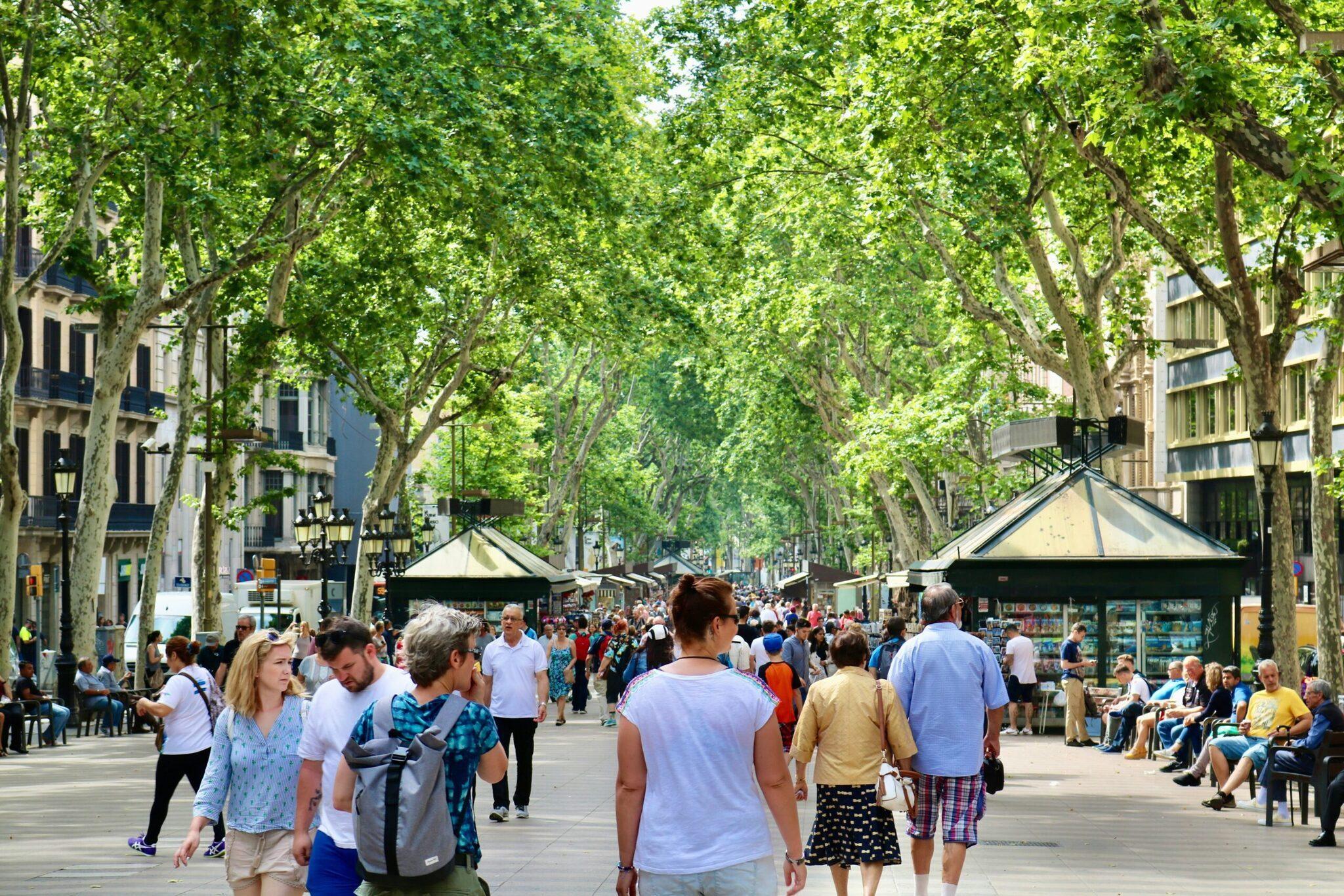 Paseo peatonal arbolado con turistas, tiendas y terrazas de café en pleno centro urbano
