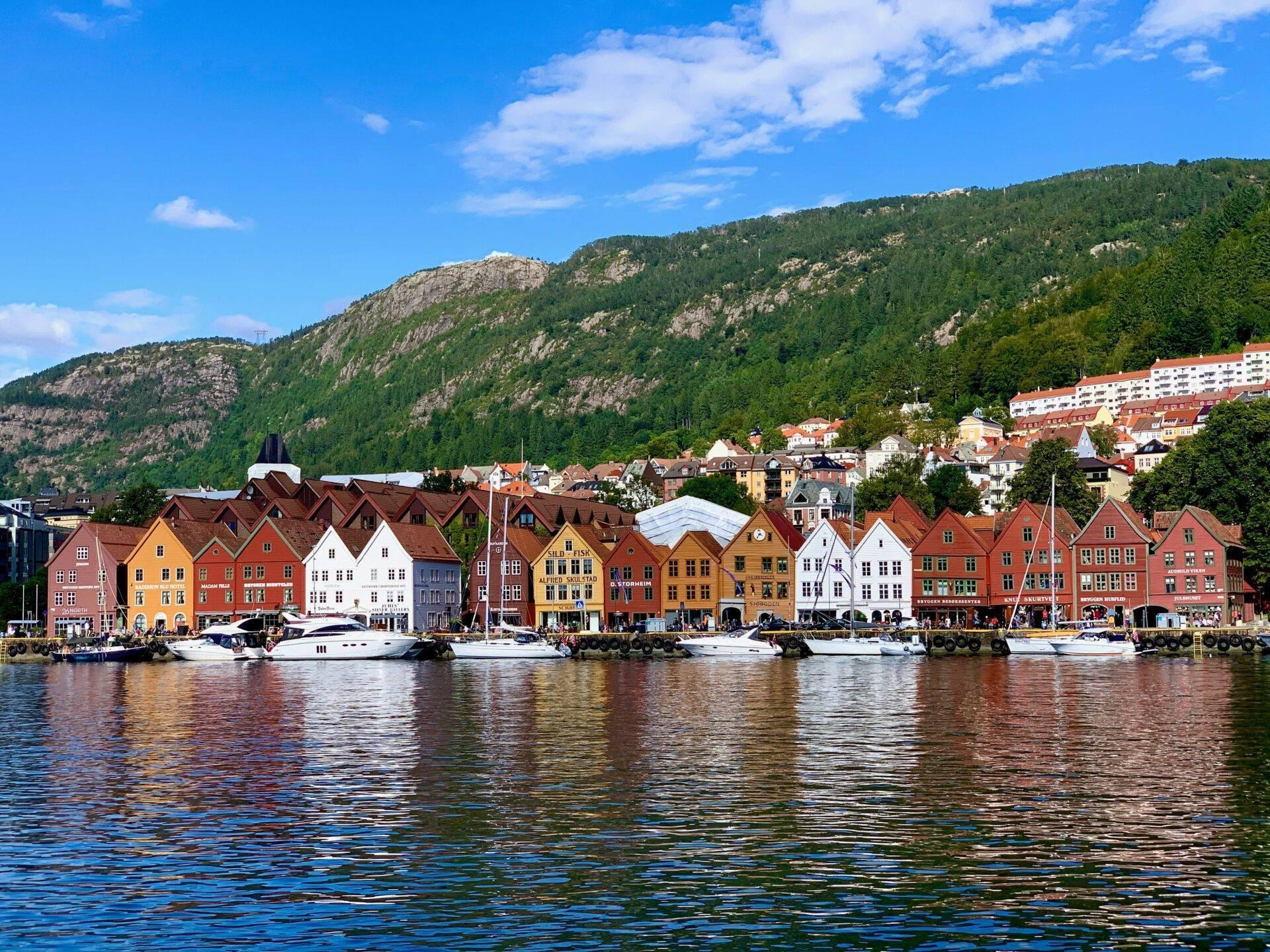Reihe bunter Häuser am Ufer eines norwegischen Fjords mit bewaldeten Bergen im Hintergrund