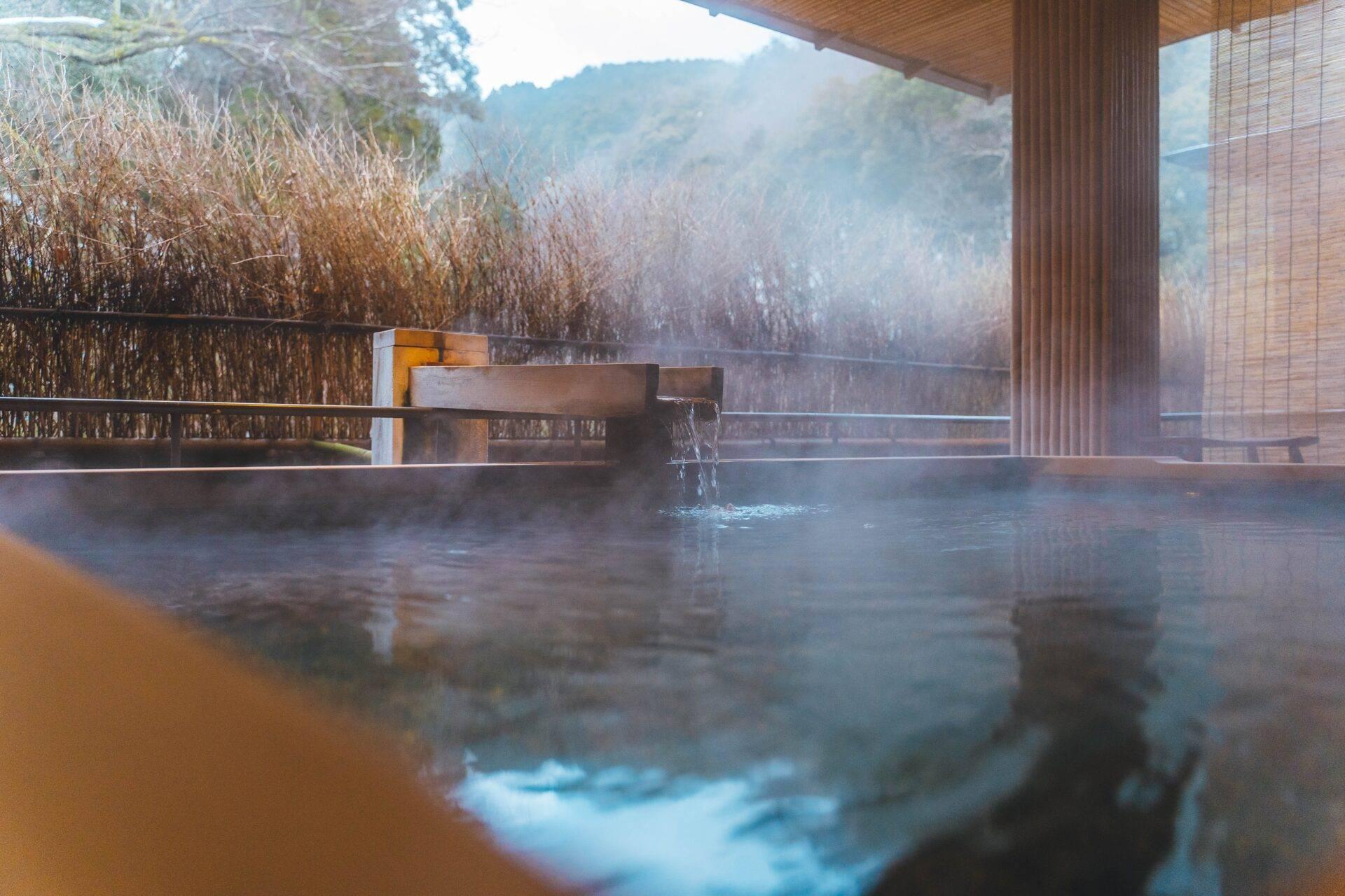 Vista desde un onsen (baño termal) con agua caliente humeante y un paisaje montañoso boscoso al fondo