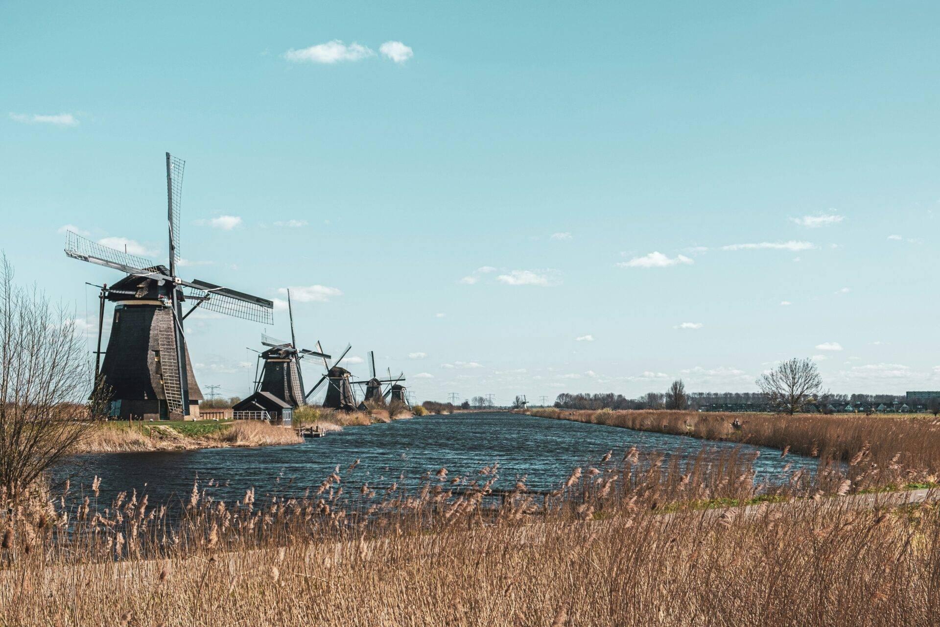 Mehrere traditionelle Windmühlen entlang eines Kanals in den Niederlanden unter klarem Himmel