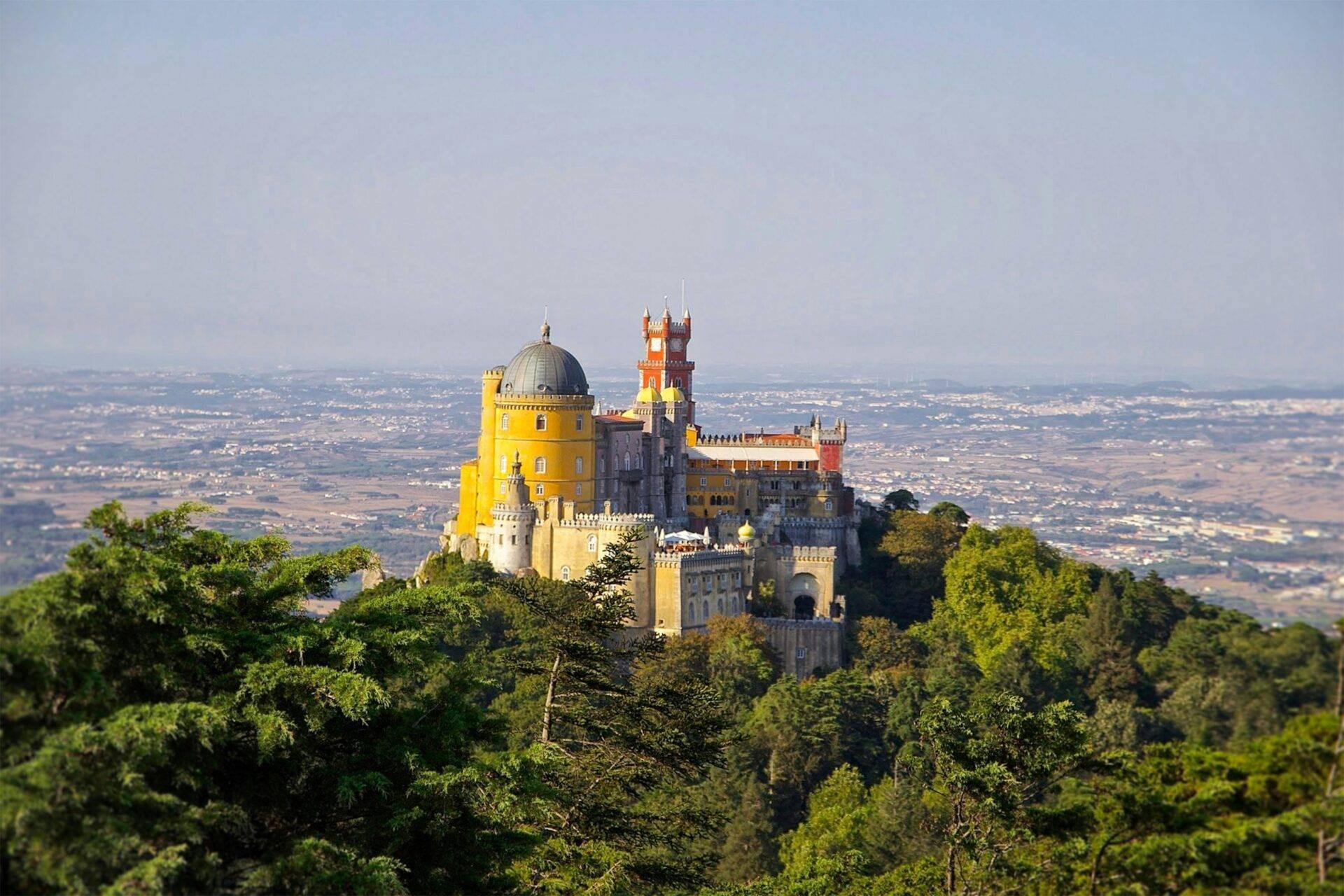Ein majestätisches farbiges Schloss auf einem bewaldeten Hügel mit Blick auf ein grünes Tal