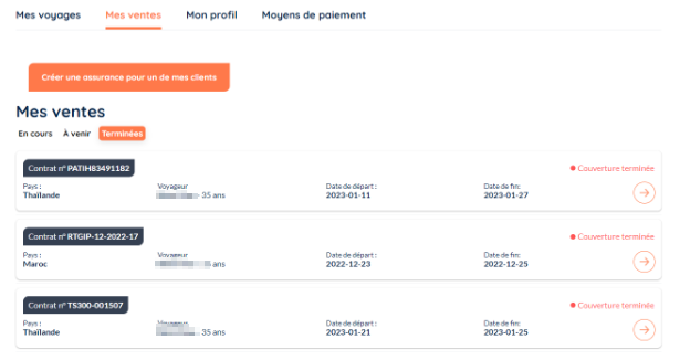 Espace partenaire Yupwego : tableau de bord “Mes ventes” avec la liste des contrats clients souscrits