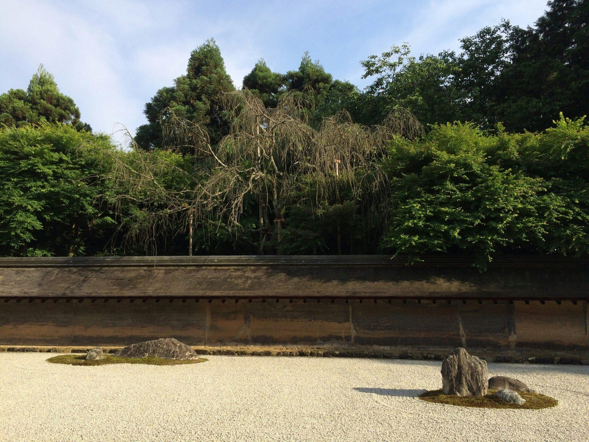 Un jardín zen con estanque, gravilla rastrillada, rocas y sauce llorón sobre un muro de piedra