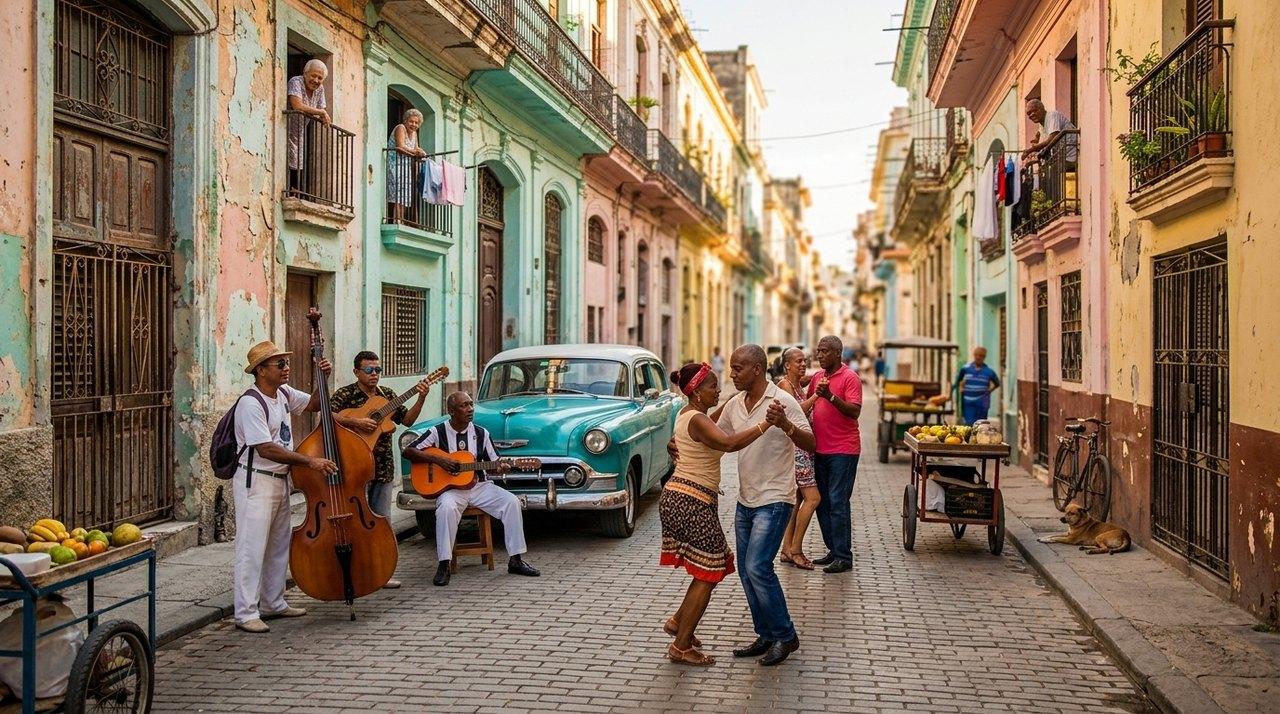 Strada colorata della città vecchia con musicisti che suonano la chitarra, abitanti che ballano e un’auto d’epoca turchese