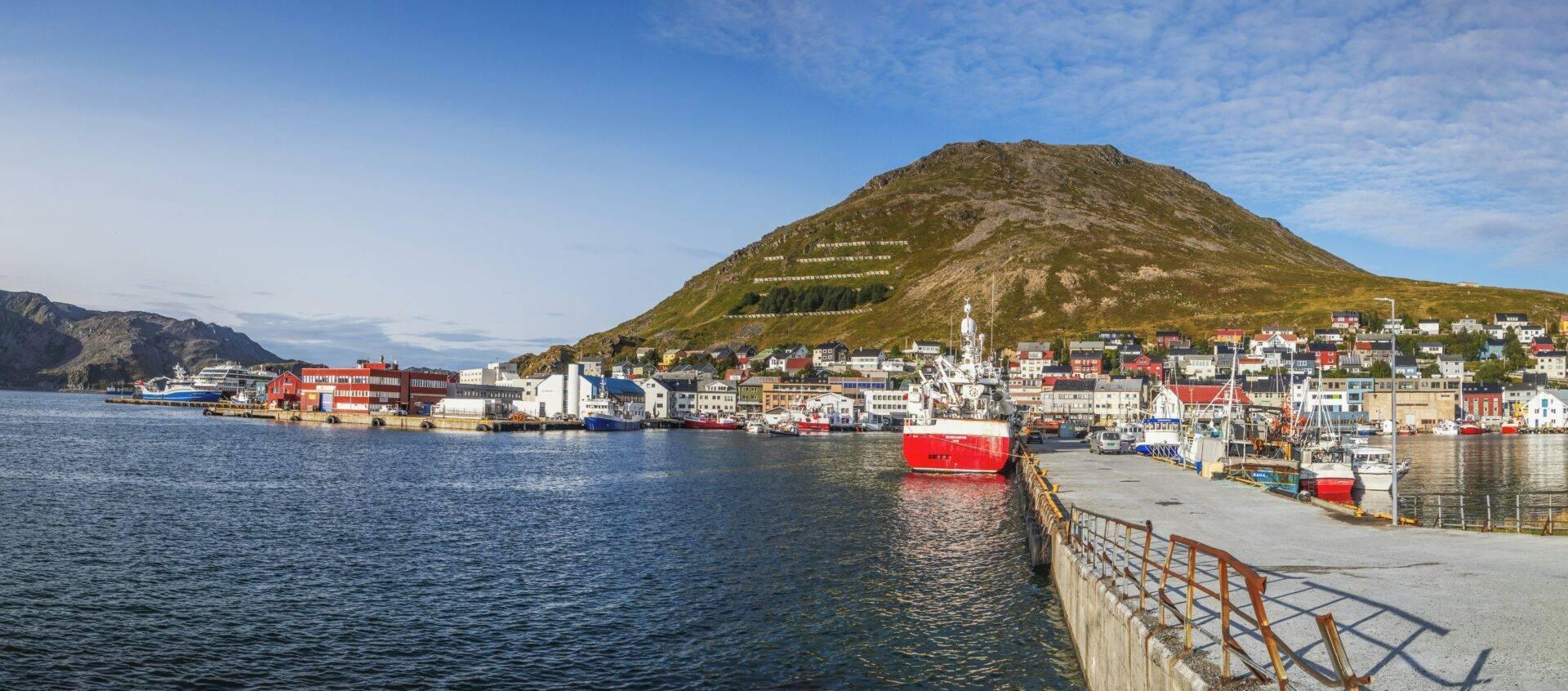 Bunter arktischer Hafen mit grünem Bergmassiv, roten und weißen Fischerbooten und traditionellen Häusern am Ufer