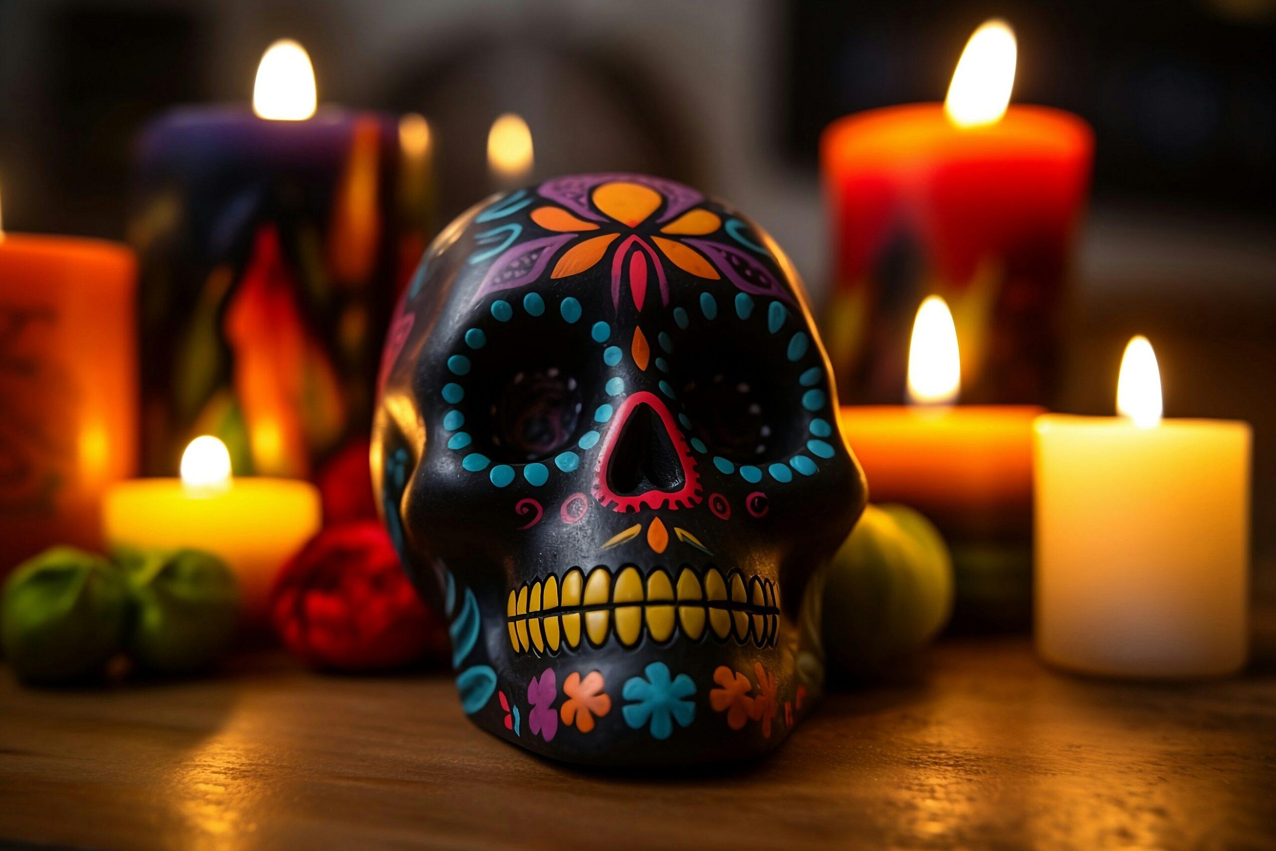 Altars adorned with orange marigolds and decorated skulls during Día de los Muertos in Oaxaca, Mexico