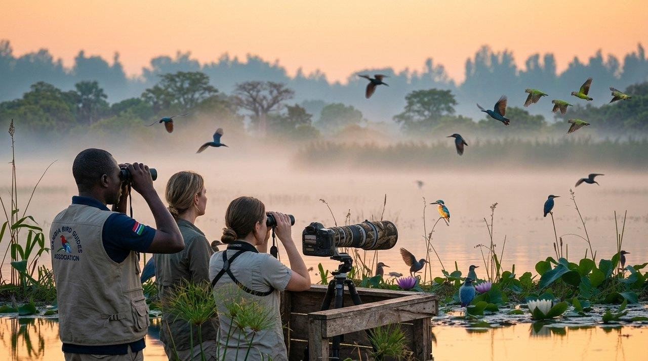 Trois ornithologues observent et photographient des oiseaux colorés en vol au-dessus d’une zone humide tropicale au lever du jour