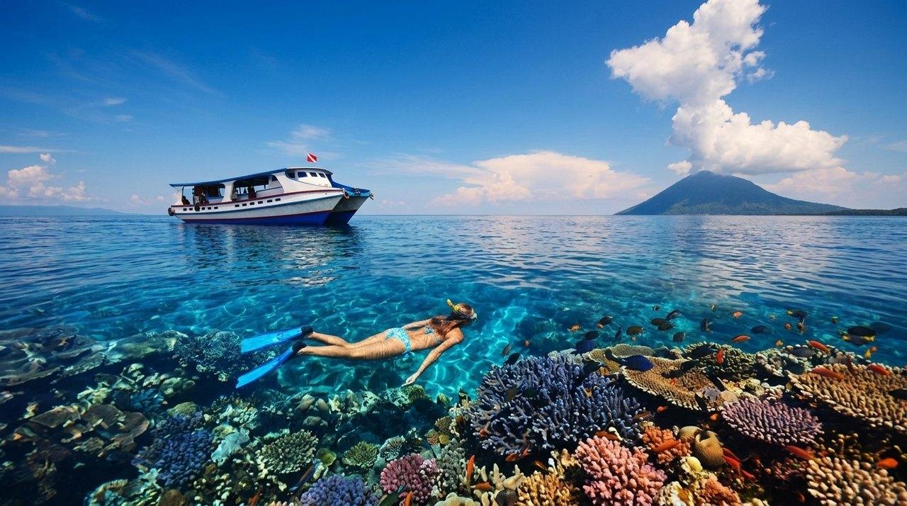 Un sub in apnea esplora una barriera corallina colorata vicino a una barca, con un vulcano sullo sfondo