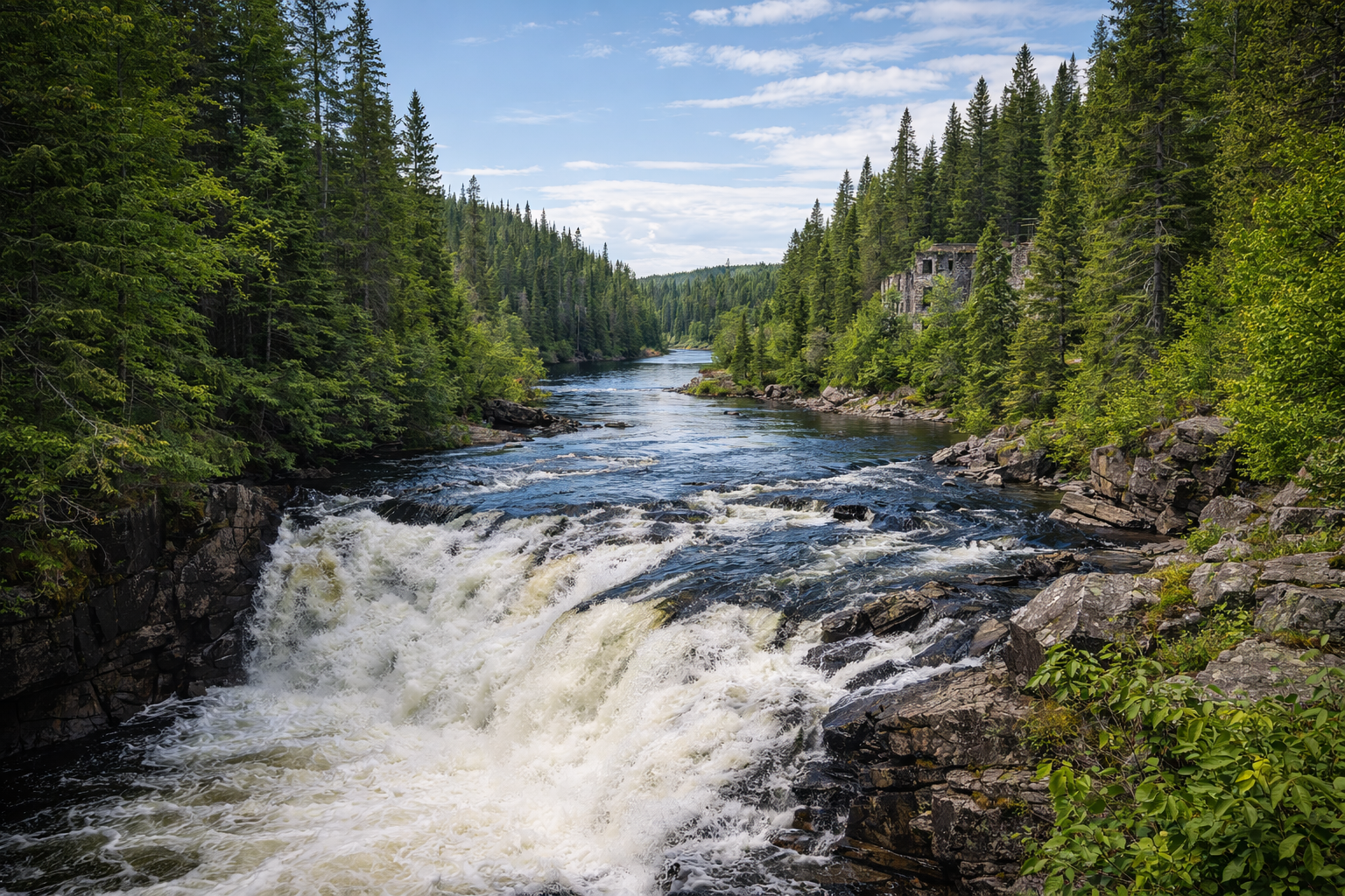 Ein mächtiger Wasserfall zwischen dichten Nadelwäldern, mit Ruinen eines Gebäudes am rechten Ufer