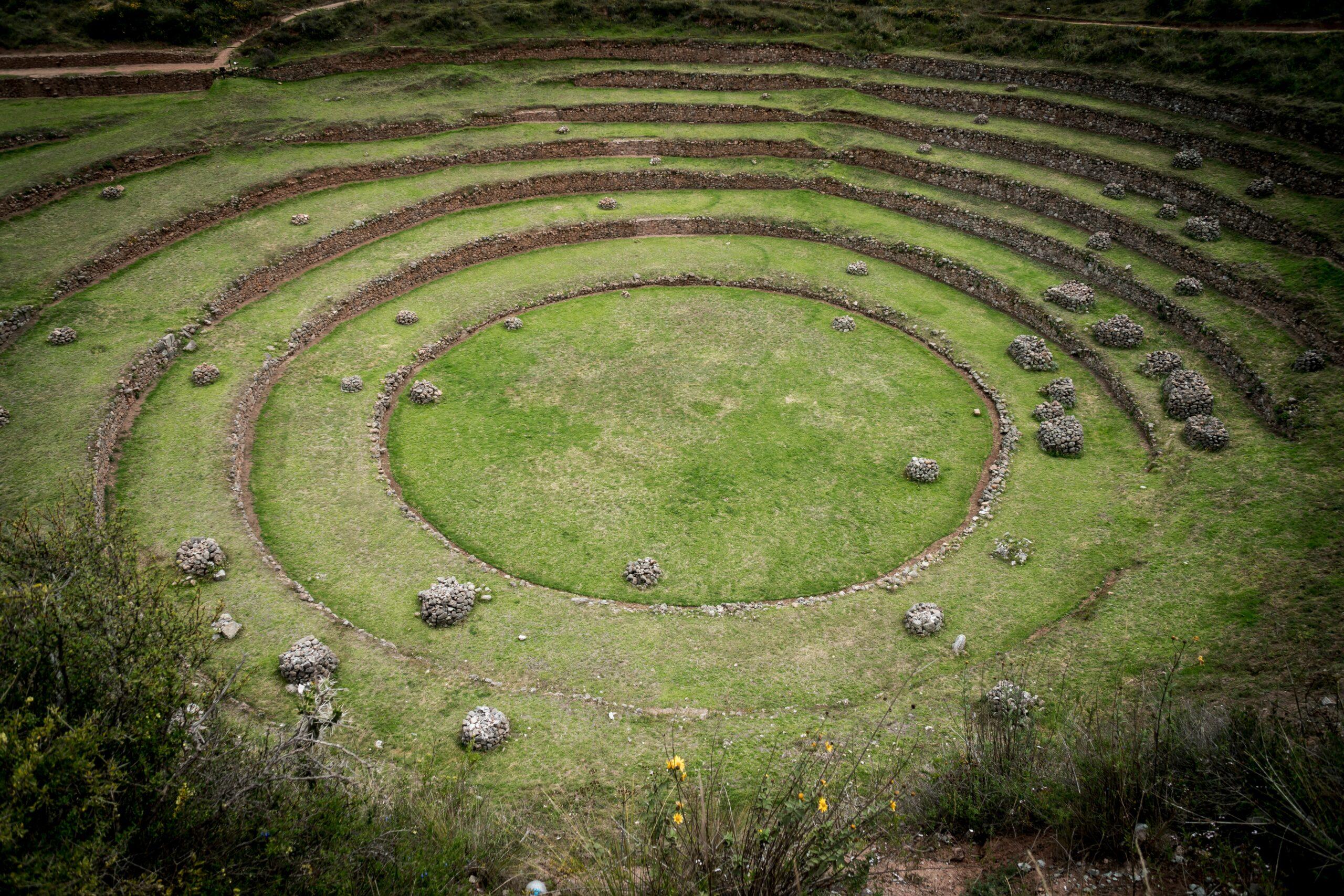 Terrasses agricoles circulaires en pierre avec végétation verte, site archéologique andin préhispanique