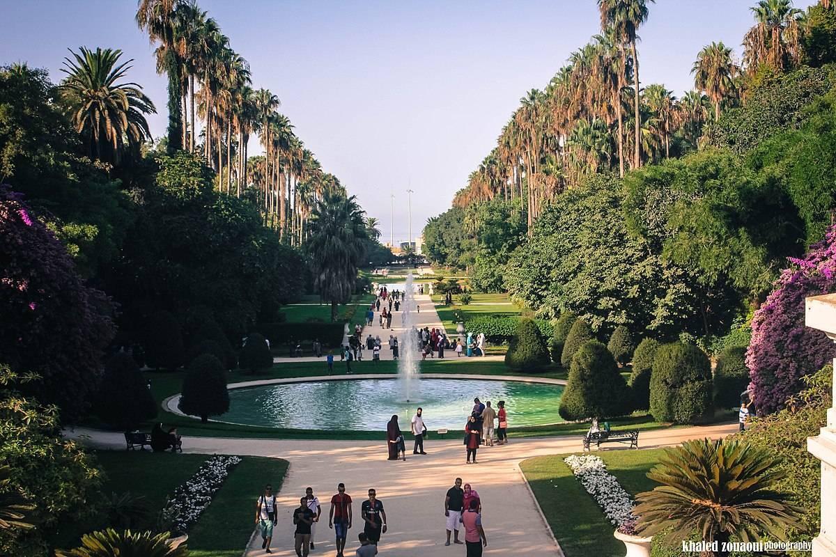 Un parque ajardinado con fuente central, avenidas flanqueadas de palmeras y cipreses, vegetación exuberante y visitantes paseando