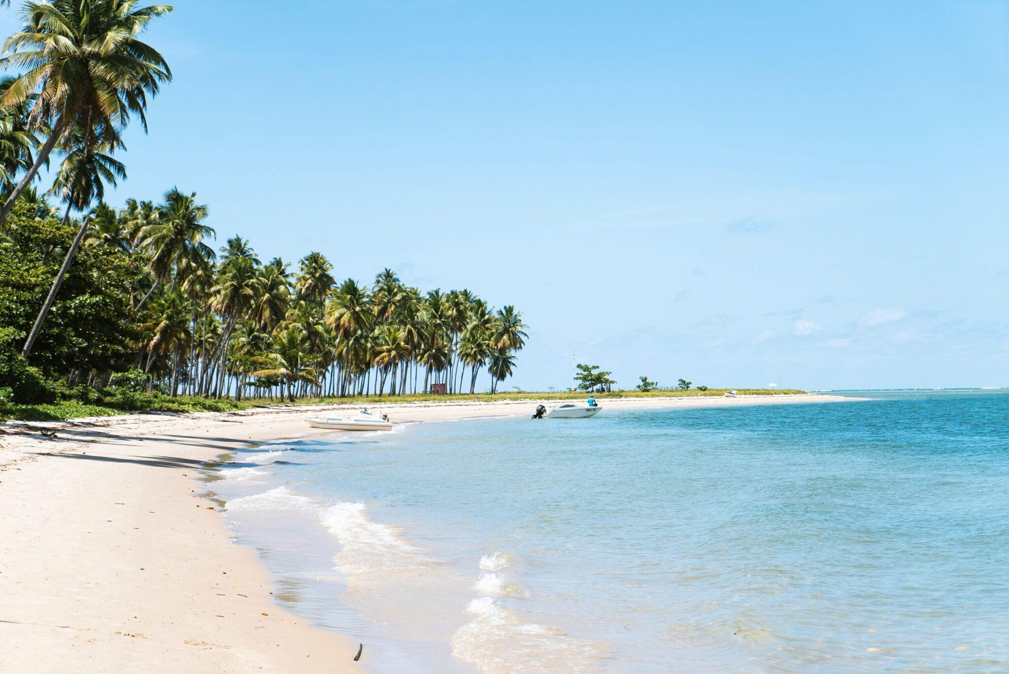 Playa de arena blanca bordeada de palmeras con barcas amarradas y mar turquesa bajo un cielo despejado