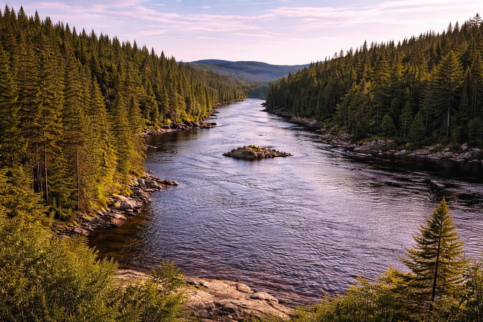 Ein kurvenreicher Fluss eingefasst von dichten Nadelwäldern mit aus dem Wasser ragenden Felsen unter bewölktem Himmel