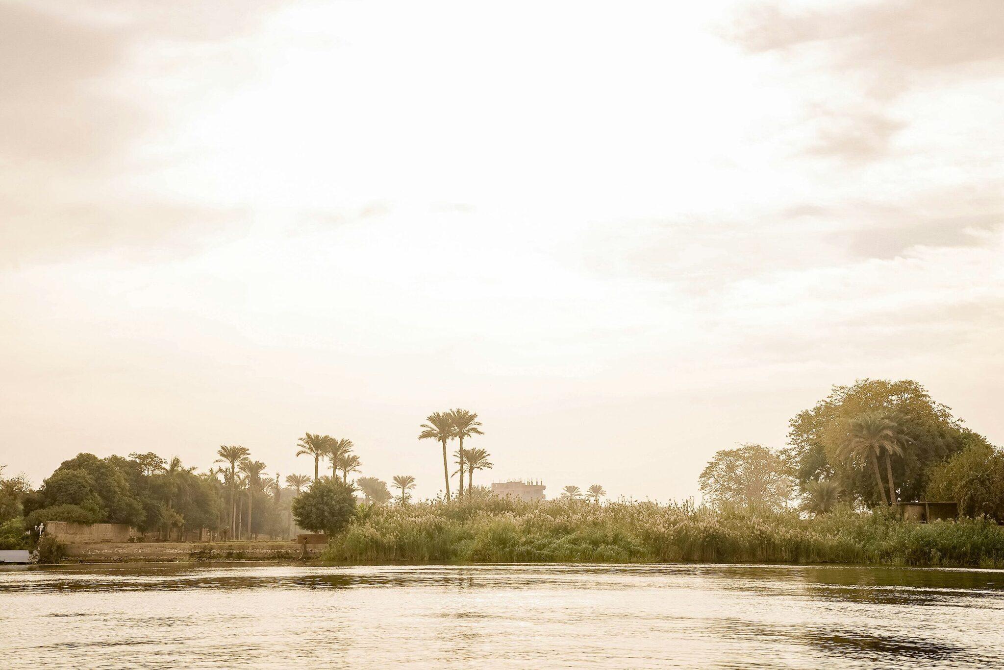 Vista de un río bordeado de palmeras, vegetación exuberante y arquitecturas antiguas bajo una luz dorada