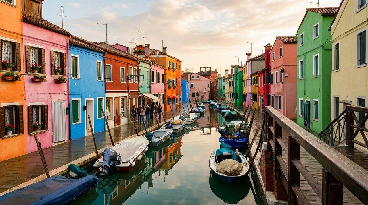 A picturesque street of colourful houses reflected in a canal with moored boats